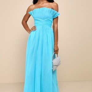 Lulus Undeniably Iconic Teal Blue Tulle Pleated Strapless Maxi Dress - Size M